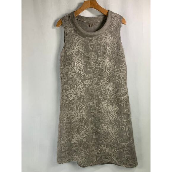 Lina Tomei Linen Embroidered Front Taupe Dress Pockets Classy Comfort Size L - Picture 8 of 8